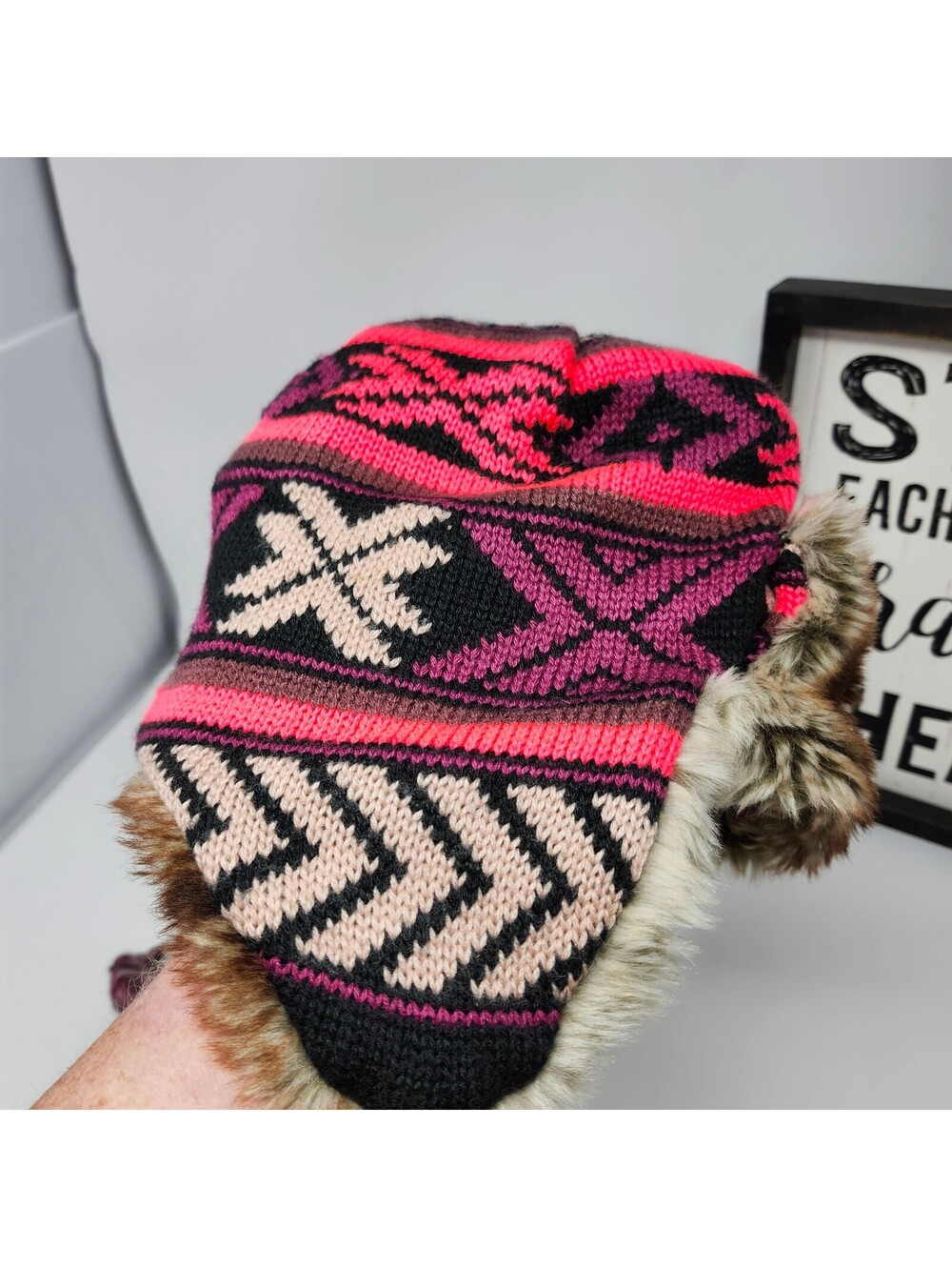 Billabong Faux Fur Trapper Hat Fair Isle Knit Ear Flap Winter Hat One Size